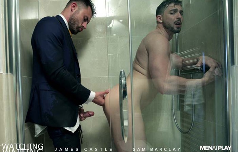 Suited muscle hunk James Castle and Sam Barclay hardcore ass fucking in the shower