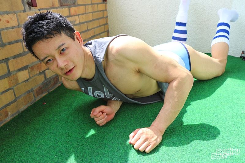 Bentley Race Chinese young stud Anson Yang strips out of his tight shorts and tube socks wanking his dick to a massive cum load